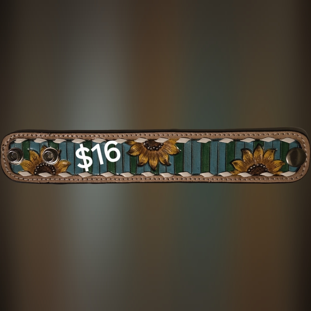 Sunflower Patterned Leather Bracelet Snap Closures